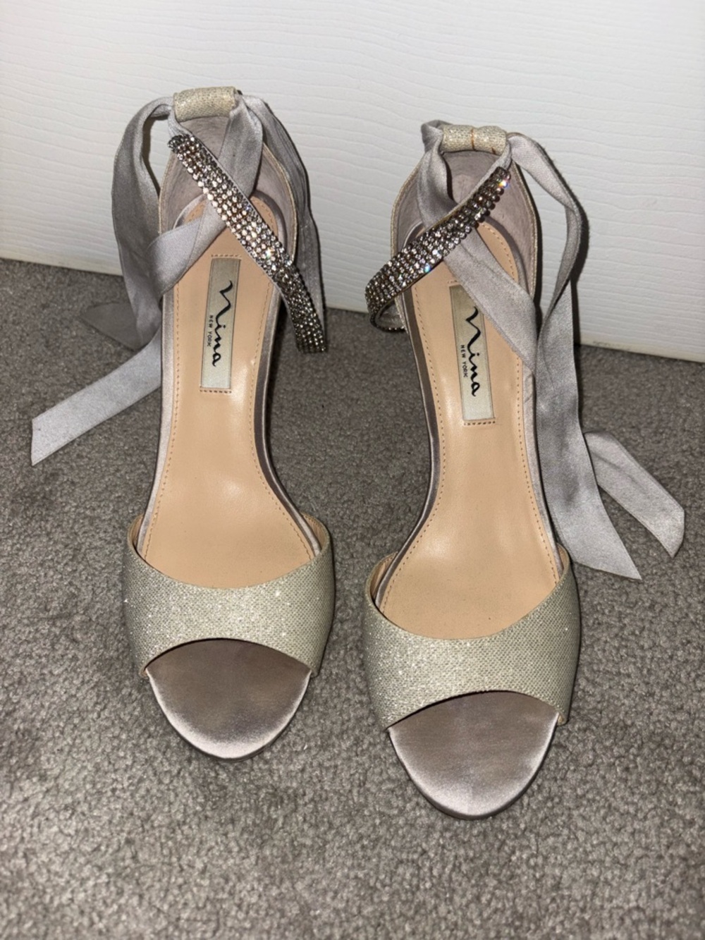 Nina Champagne Satin & Crystal Ankle-Tie Heels